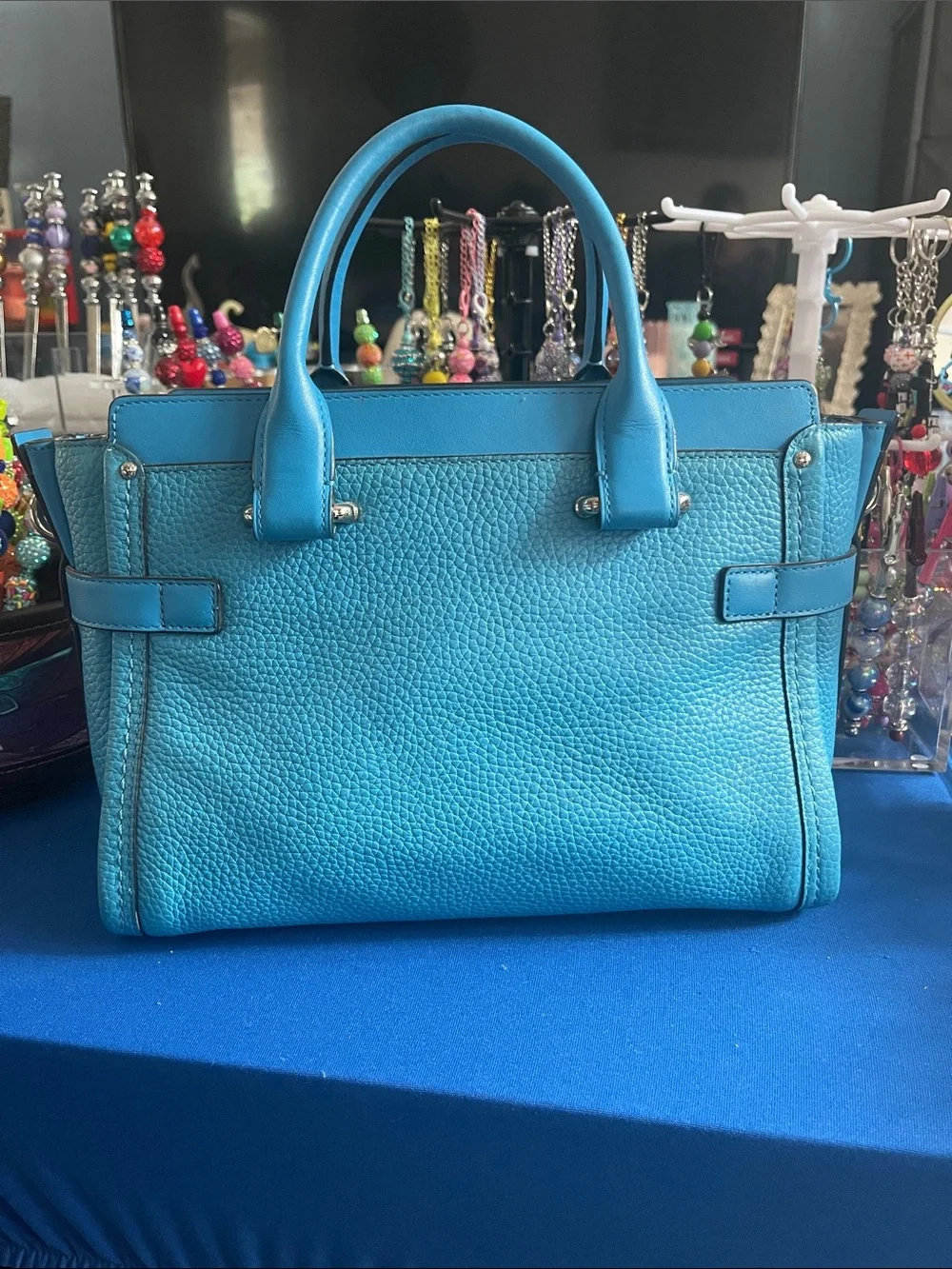 Coach Turquoise “Swagger 27”. Pebbled Leather Satchel with Silver-Tone Turnlock